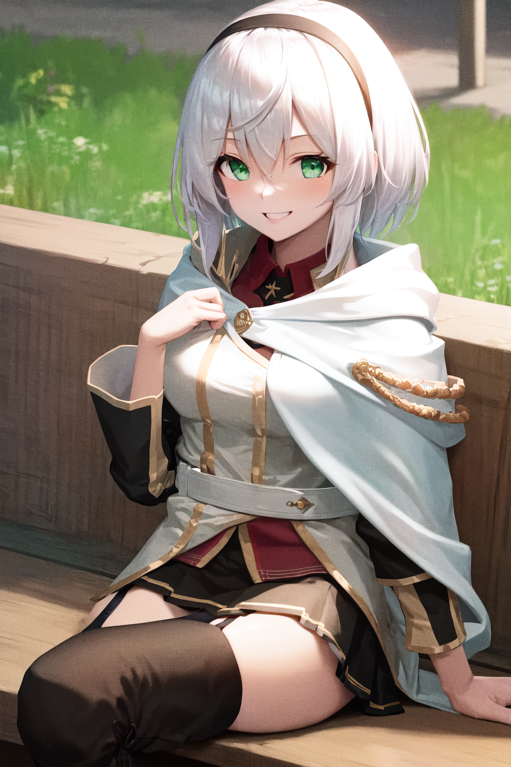 29543-907425663-masterpiece, best quality, highres, 1girl amnesia green eyes short hair, white cape black skirt pleated skirt white jacket red s.png